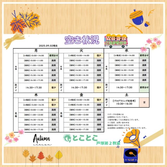 こんにちは、
とことこ戸塚第2教室です💐

お待たせいたしました、
9月現在の空き状況をお知らせいたします。

定員もございますので、ご見学・お問い合わせ等ご希望の方は、お早めにお願いいたします。 
満席の場合は、キャンセル待ち等のご案内をさせていただく場合もございます。 

ご見学、お問い合わせお待ちしております📫️☎

#児童発達支援 #放課後等デイサービス #児発 #社会福祉法人昴 #思いやり #療育 #発達支援 #放デイ #成長 #横浜市 #すずかけの郷#シーサイドかなざわ #ハートフルガーデン川和 #西金沢地域ケアプラザ #西柴地域ケアプラザ #上永谷デイサービスセンター #放課後等デイサービスとことこ #児童発達支援　#知育 #遊び心　#室内遊び #発達支援　#発達支援　#集団遊び　#戸塚区 　#戸塚　#児童デイサービス #集団遊び 
#保育園　#幼稚園 #学童保育　#児童募集中　#発達ゆっくりさん #生徒募集中