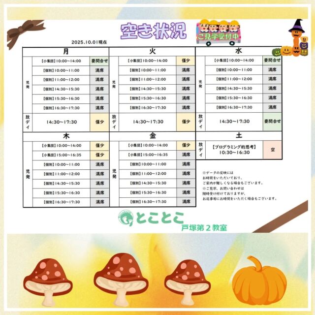 こんにちは、
とことこ戸塚第2教室です💐

お待たせいたしました、
10月現在の空き状況をお知らせいたします。

定員もございますので、ご見学・お問い合わせ等ご希望の方は、お早めにお願いいたします。 
満席の場合は、キャンセル待ち等のご案内をさせていただく場合もございます。 

来年度のご見学も随時受け付けております🎃
※ご契約等は年明けを予定しております

ご見学、お問い合わせお待ちしております📫️☎

#児童発達支援 #放課後等デイサービス #児発 #社会福祉法人昴 #思いやり #療育 #発達支援 #放デイ #成長 #横浜市 #すずかけの郷#シーサイドかなざわ #ハートフルガーデン川和 #西金沢地域ケアプラザ #西柴地域ケアプラザ #上永谷デイサービスセンター #放課後等デイサービスとことこ #児童発達支援　#知育 #遊び心　#室内遊び #発達支援　#発達支援　#集団遊び　#戸塚区 　#戸塚　#児童デイサービス #集団遊び 
#保育園　#幼稚園 #学童保育　#児童募集中　#発達ゆっくりさん #生徒募集中